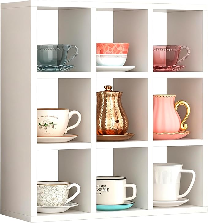 Helsin 9 Grid Vintage Coffee Mug Display Rack, 16inch Wall Mounted Wooden Curio