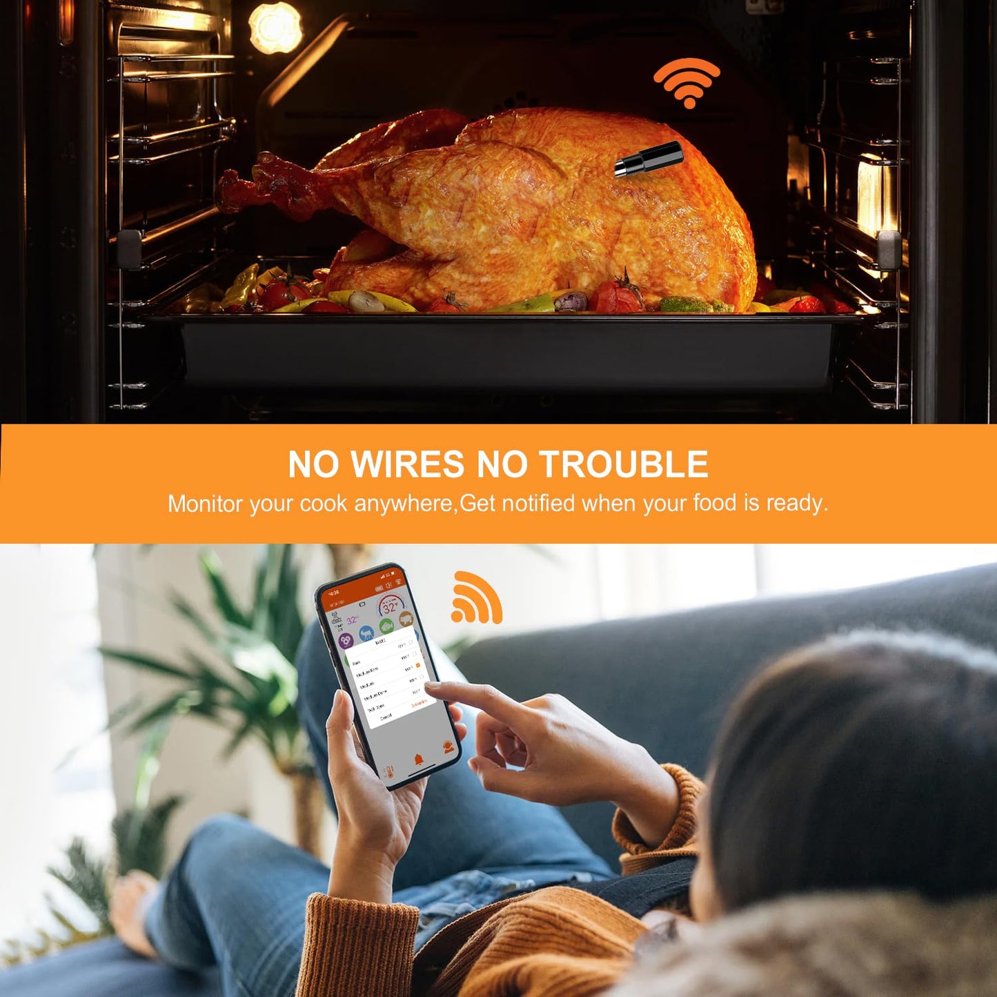 Wireless Meat Thermometer – Digital Cooking Thermometer with Wireless Probe – 500Ft Remote Range Food Thermometer – with iOS & Android Read App -Preprogrammed Temperatures for BBQ, Oven, Grill
