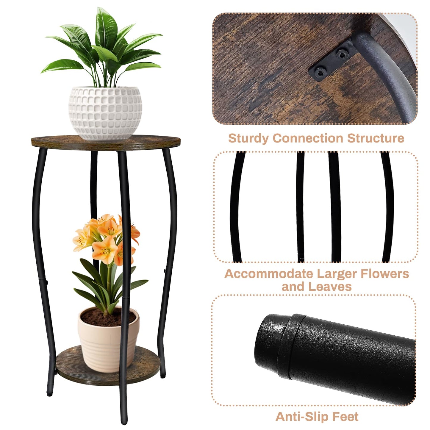 Uniqcovosa Plant Stand Indoor, 2 Tier Tall Wood Plant Stand, 4-Leg Floor Corner Plant Stands, Heavy Duty Plant Shelf Plant Rack Flower Stands For Home Decor, Brown