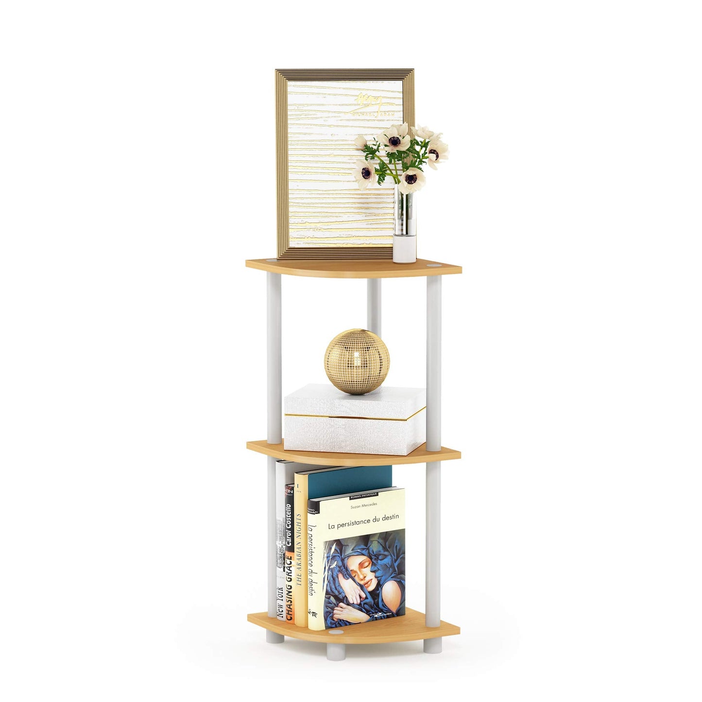 Furinno TURN-N-TUBE Corner Shelf, 3-Tier Corner Bookshelf, Display Storage Shelves with Open Shelves, for Organization and Storage, Living Room, Home Office, Garage, Beech