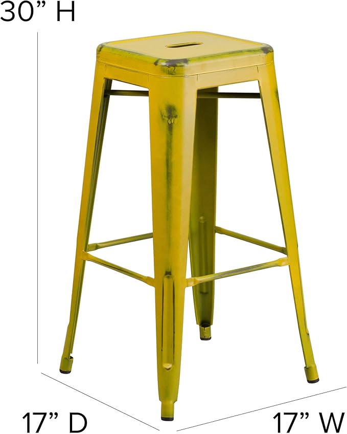Flash Furniture Kai Commercial Grade 30" High Backless Distressed Yellow Metal