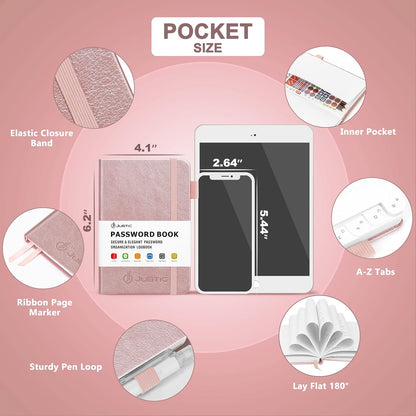 JUBTIC Password Book with Alphabetical Tabs, Small Size Internet Address & Password Keeper Logbook, Password Notebook Journal for Computer & Website Logins, Rose Gold