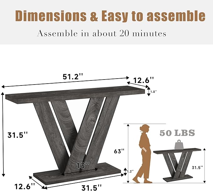 karlott 51 Inch Console Table, Modern V-Shaped Entryway Table, Wood Sofa Table