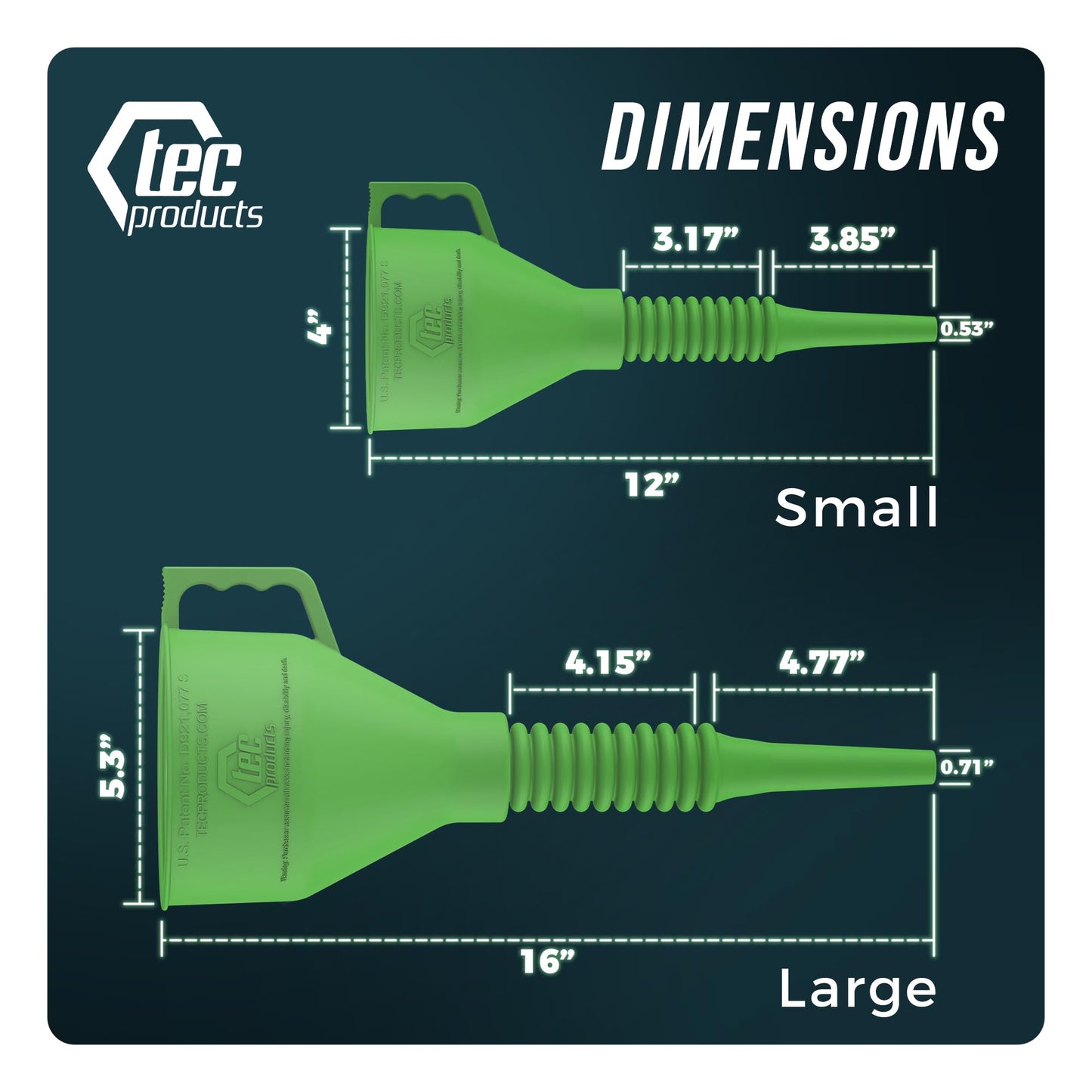 TEC Products FlexAll Long Flexible Funnels - Automotive Oil Funnel with Hose, Durable Nitrile Rubber for Oil Change, Transmission Funnel Fluid, Diesel, Fuel, Gas - Made in USA - Green (16 x 5 Inches)