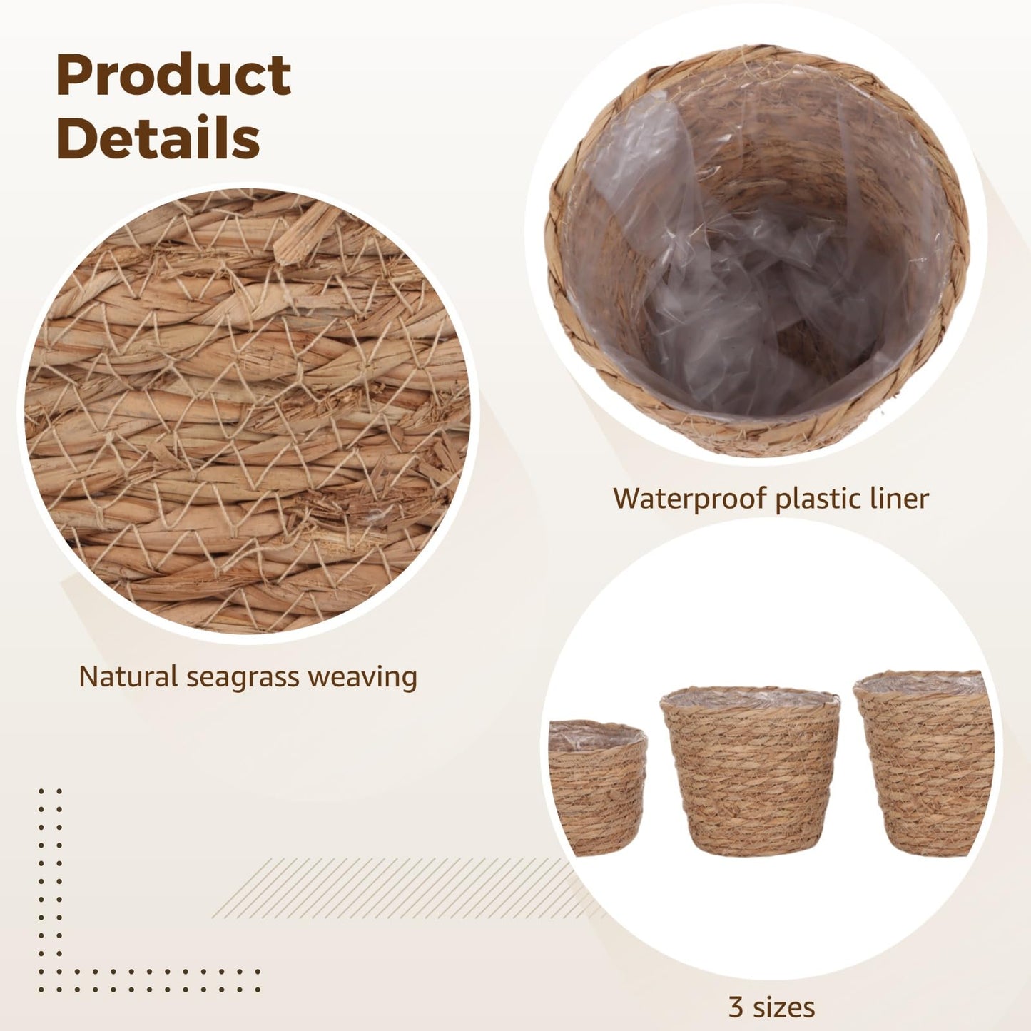 6 Pcs Plant Baskets Indoor with Plastic Liners, Wicker Hand Woven Plant Baskets, Flower Pots Storage Containers in 3 Sizes, Decorative Planters for Home, Balcony, Office