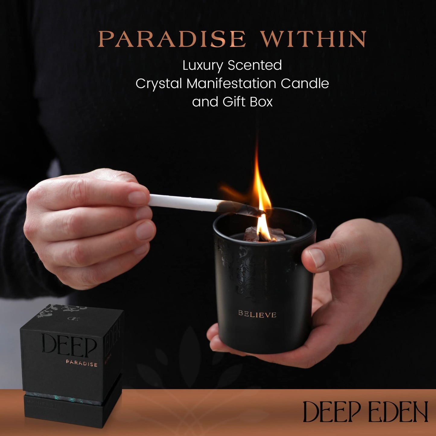 Black Orchid & Pine Moss Scented Crystal Candle - Luxury Manifestation Candle with Smoky Quartz and Clear Quartz Crystals - 7.4oz Natural Soy, Coconut & Beeswax, Wood Wick