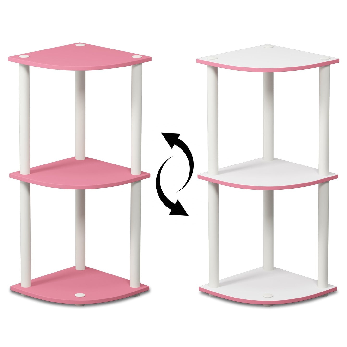Furinno TURN-N-TUBE Corner Shelf, 3-Tier Corner Bookshelf, Display Storage Shelves with Open Shelves, for Organization and Storage, Living Room, Home Office, Garage, Pink