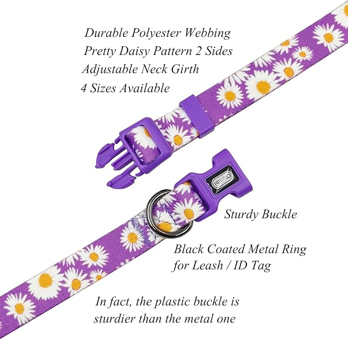 Dog Collar and Leash Set, Cute Daisy Pattern, Polyester Material, 5ft Leash, for Large Dogs.(Large,Purple Daisy)