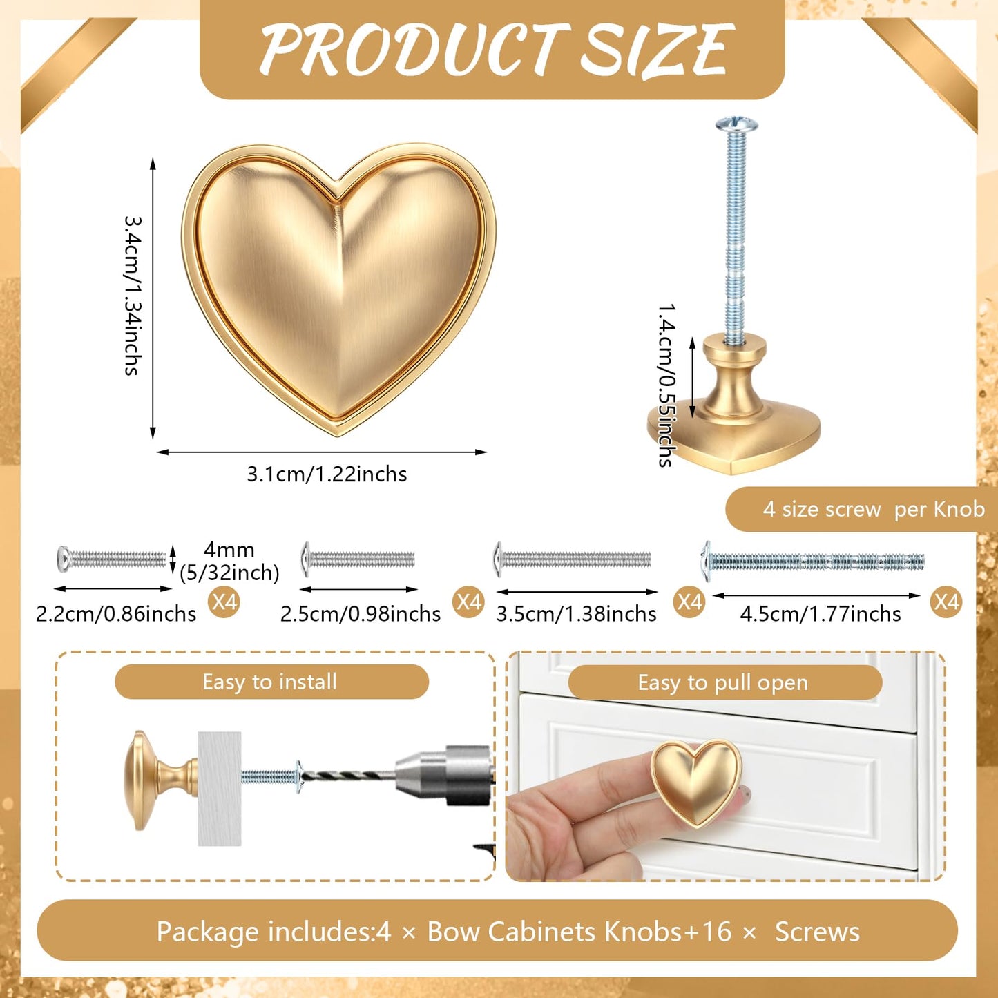 Foyofly 4 pcs Gold Heart Drawer Knobs Cute Furniture Cabinet Dresser Handle Knobs for Girl's Room Dresser Cupboard Drawer Wardrobe Decorative Knobs (Matte Gold-C-4 Pack)