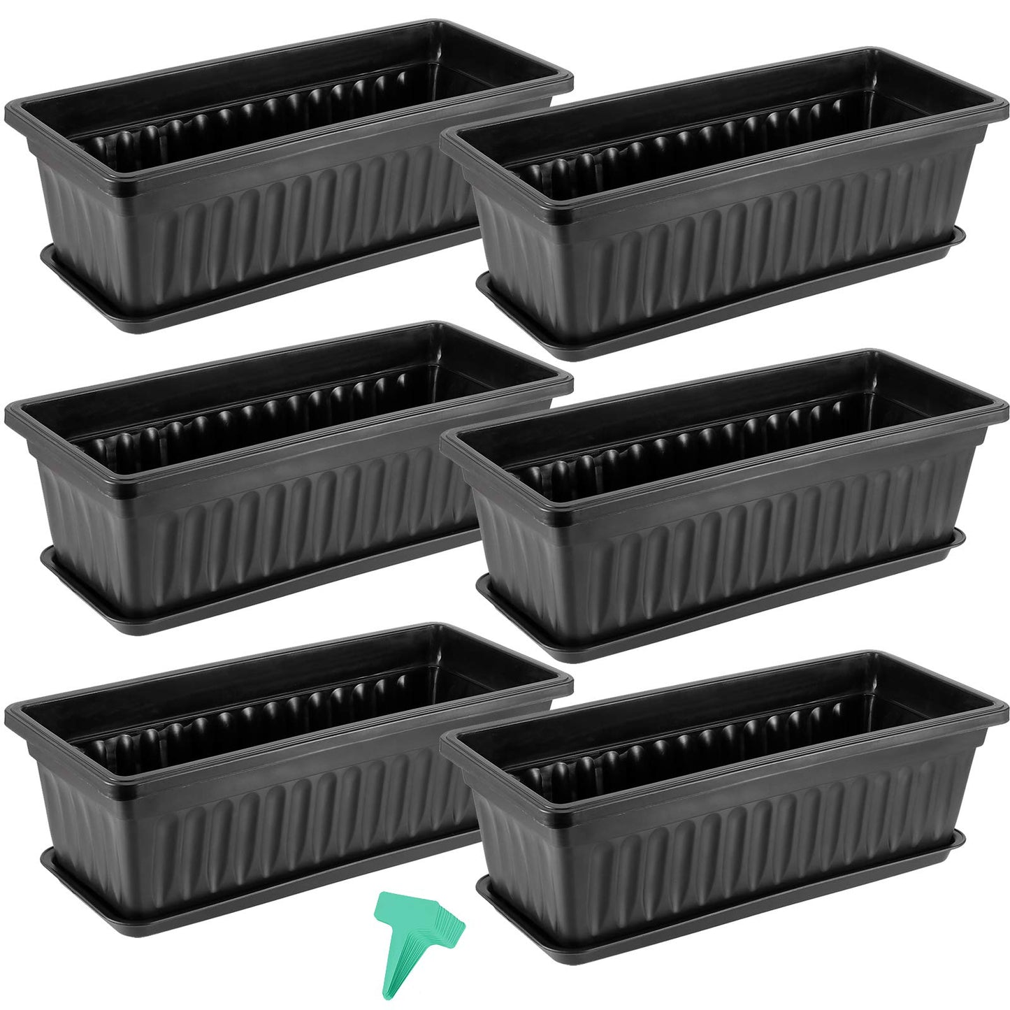 ZEONHAK 6 Pack 17 Inch Flower Window Box, Plastic Vegetable Planters Long Pots with Tray, Black Garden Flower Plant Pot for Windowsill Patio Garden Porch Balcony, with 30 PCS Plant Labels