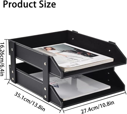Leather Desk Organizer,2-Tier Stackable Letter Tray Holder,Office Supplies Desktop Storage Box for Document,Stationery,Magazines,Newspapers,Letters and Other Home Office Paper Sundries,Black