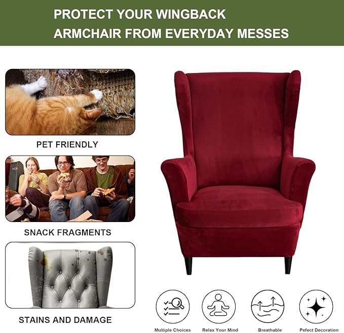 HAOYONG Velvet Wingback Armchair Covers 2-Piece Elastic Stretch Wingback Chair