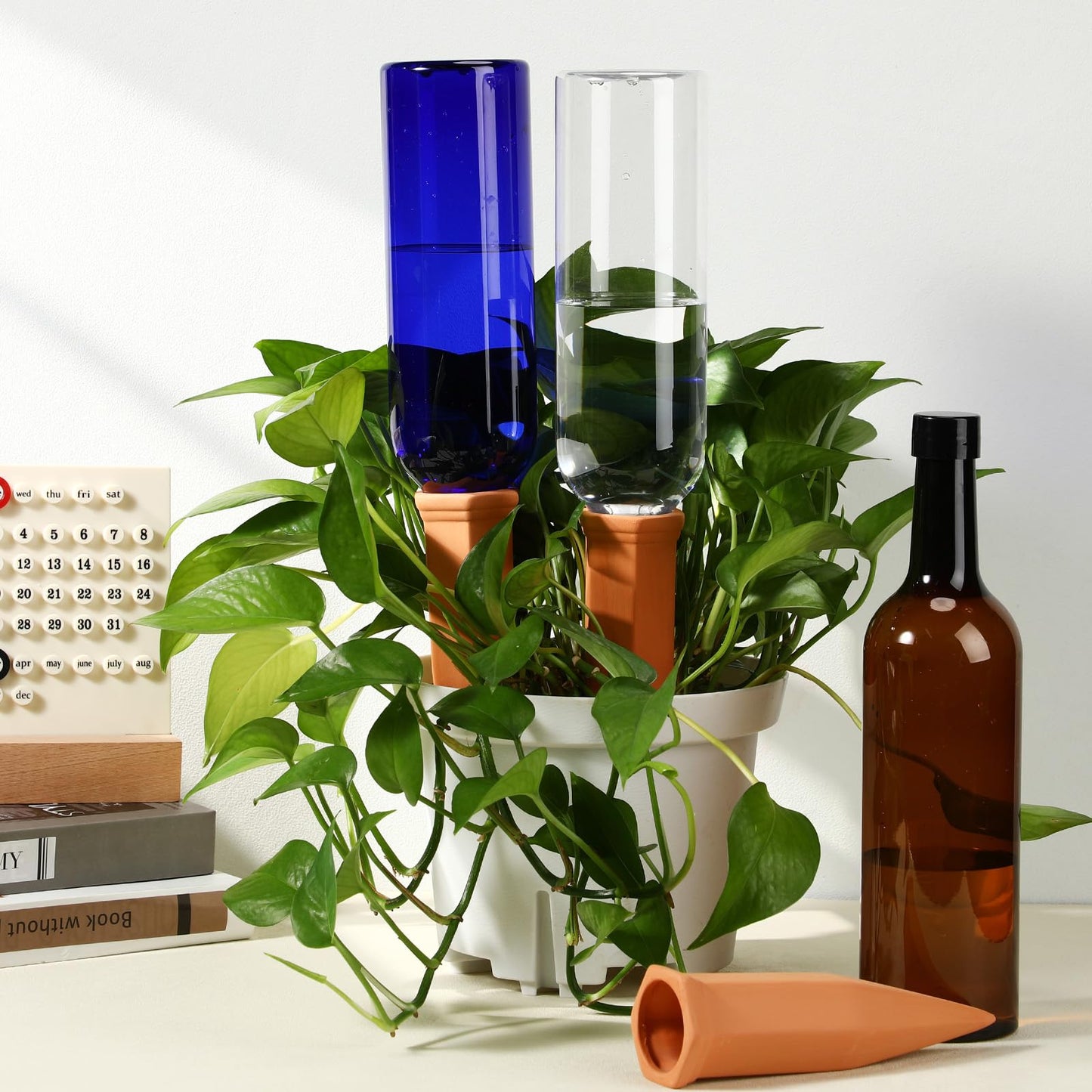 SiliFine 3 Sets Plant Watering Devices Include Terracotta Self Watering Spikes and 26 oz Plastic Bottles, Slow Release Vacation Insert Automatic Plant Waterer Device (Blue Clear Brown and Terracotta)