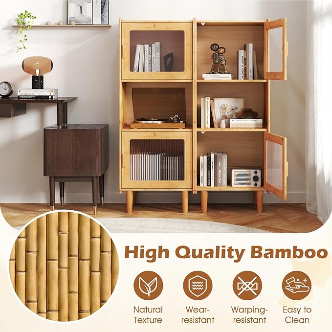 Giantex Bamboo Storage Cabinet, 3-Cube Bookcase, Freestanding Liquor Display