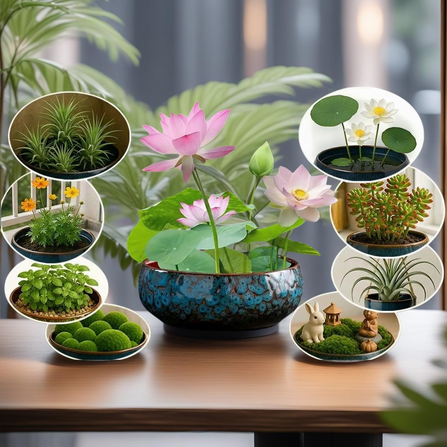 Lotus Bowl Planter, Lotus Bowls for Planting in Water Indoors, Bonsai Bowl Lotus Flower Seeds, Ceramic Planters for Indoor Plants, Applicable to Succulent Plants Hydroponic Plant. (Kiln Turning Blue)