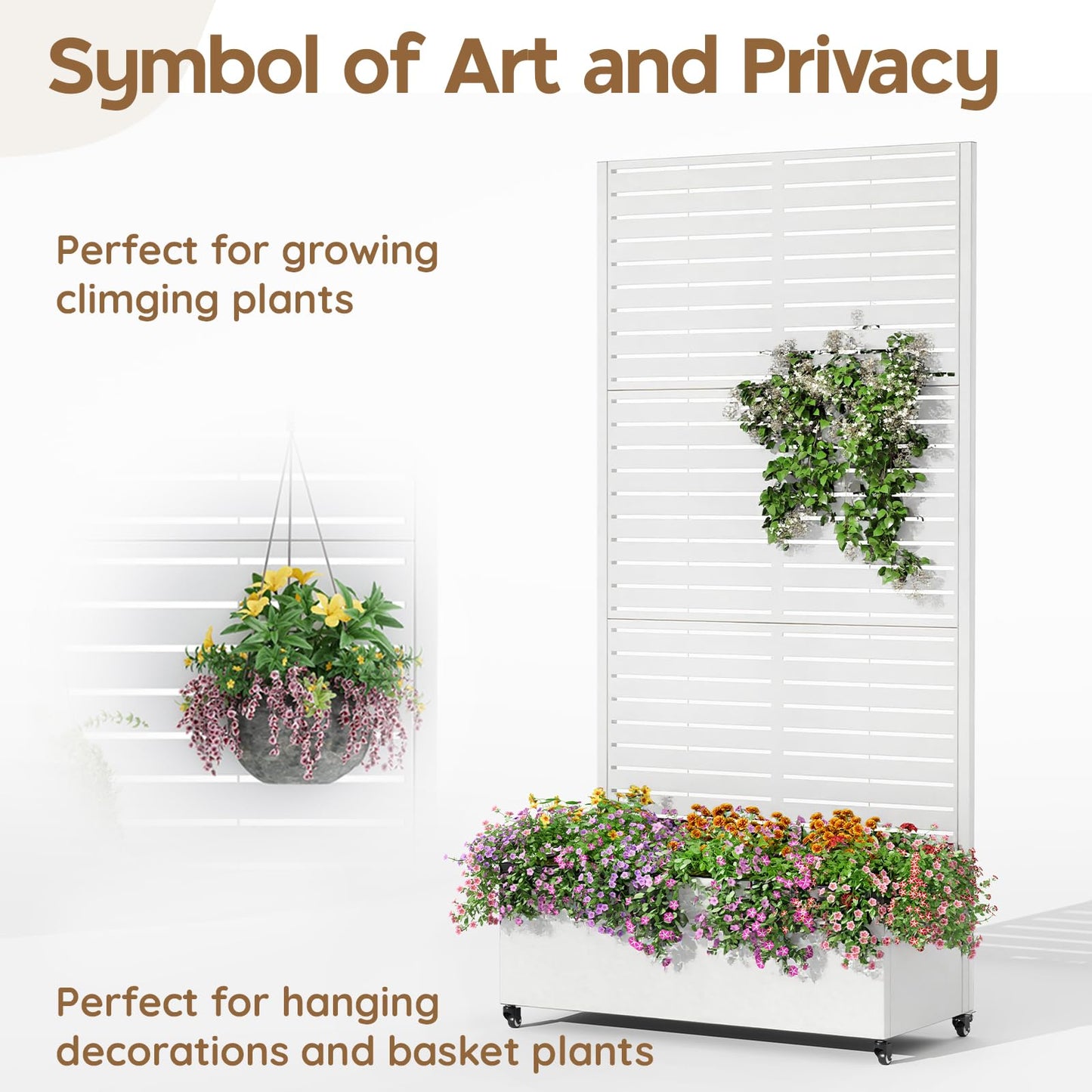 Metal Planter Box with Trellis,72"x35"x15",Privacy planters for Patio,Raised Garden Bed Trellis Outdoor Planter with Wheels and Drainage Holes,for Climbing Vegetables,Flowers,Vines,White