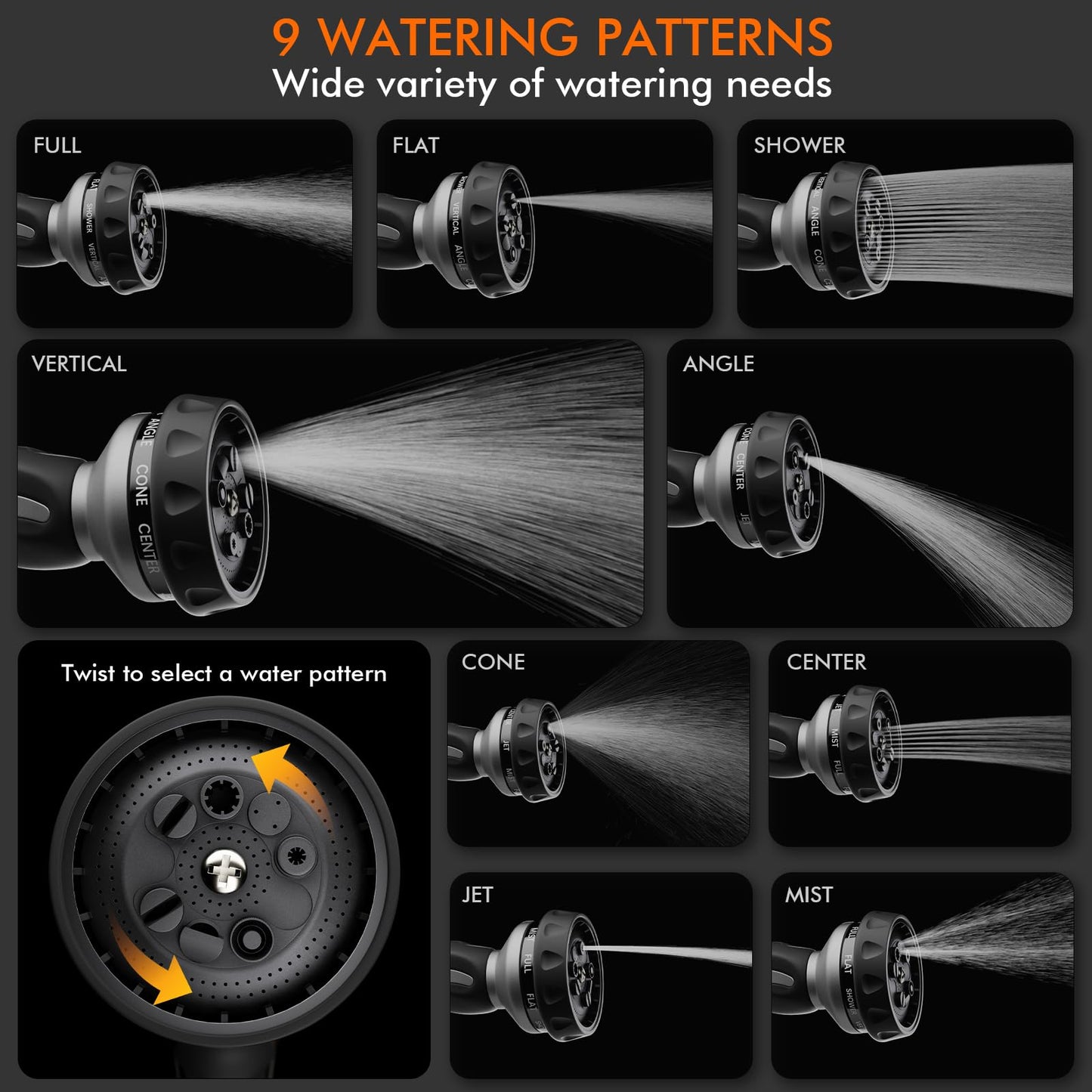 RESTMO Water Hose Nozzle, Metal Garden Hose Sprayer, Heavy Duty | 9 Spray Patterns | High Pressure | Thumb Flow Control, Ideal for Outdoor Lawn & Plant Watering, Car & Pet Washing, Silver