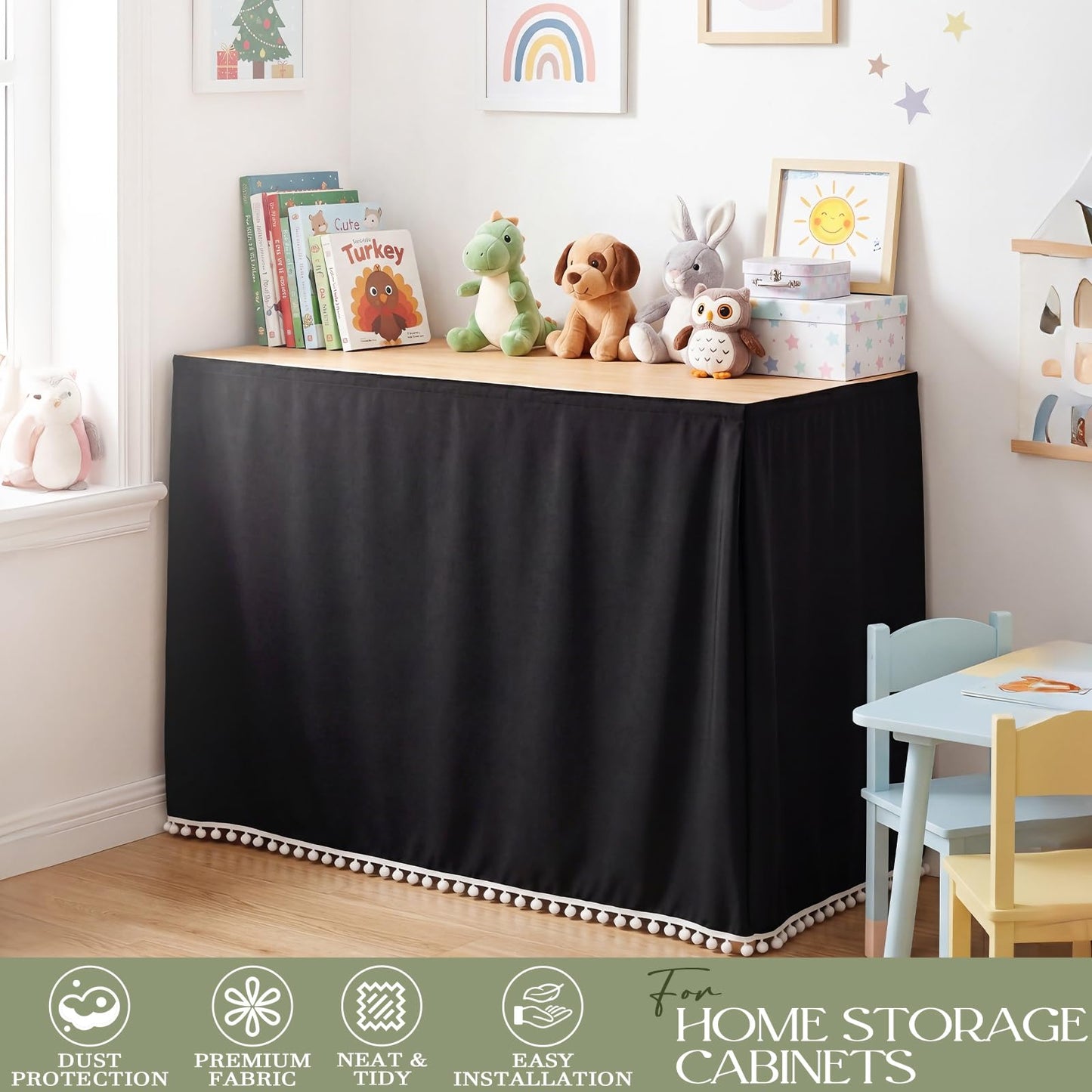 Tudomro Teacher Table Skirt Ruffled Teacher Desk Tablecloth 72" x 30" Ruffle Desk Skirt for School Classroom Office Rectangle Round Table Cover Dessert Decor(Tassel,6ft,Black)