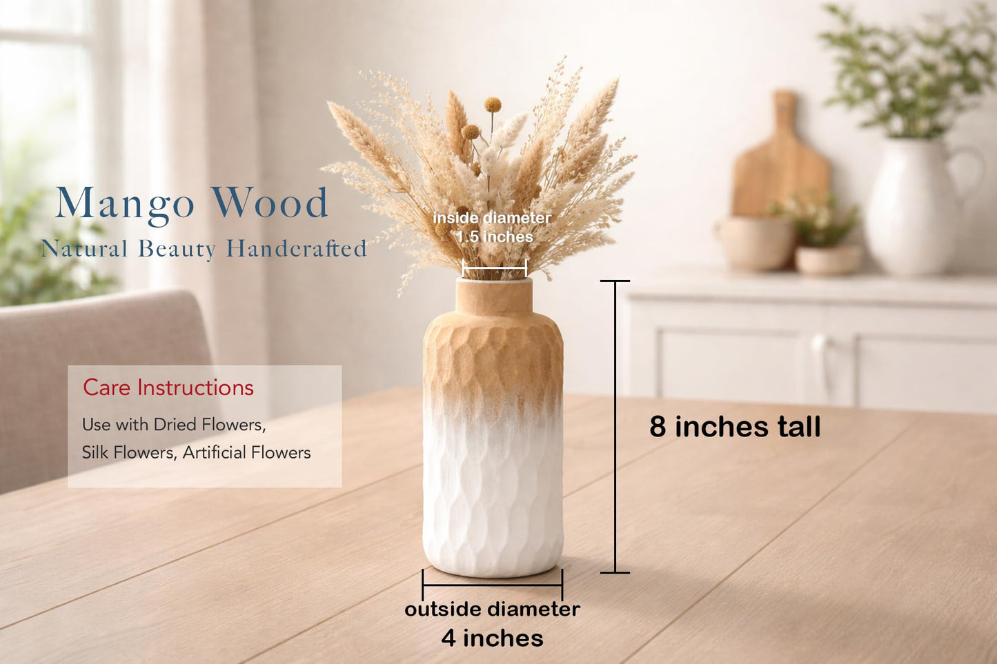 Aeravida Uniquely Etched Scales Light Brown Cylindrical Mango Tree Wooden Vase | Modern Flower Vase | Mango Tree Wooden Flower Vase | Flower Vases for Living Room (White-Brown)