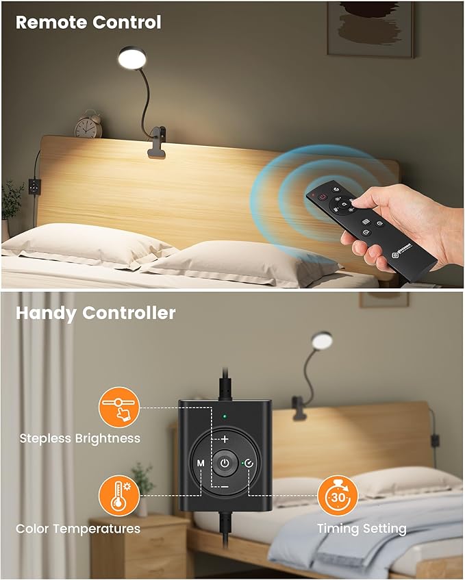 Glocusent 5W 36 LED Reading Clip on Light for Bed, Eye Caring Bed Lamp, 3 Colors & 5 Brightness Levels for Headboard with Adapter, Perfect for Reading, Working & Studying (Black with Remote)