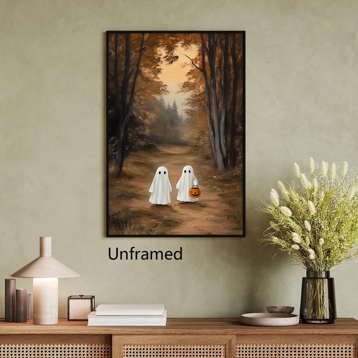 Halloween Ghost Canvas Wall Art, Friendly Ghosts with Jack O Lantern In Autumn Forest Poster, Spooky Fall Landscape Print, Gothic Halloween Pumpkin Holiday Picture for Bedroom 12x16in Unframed