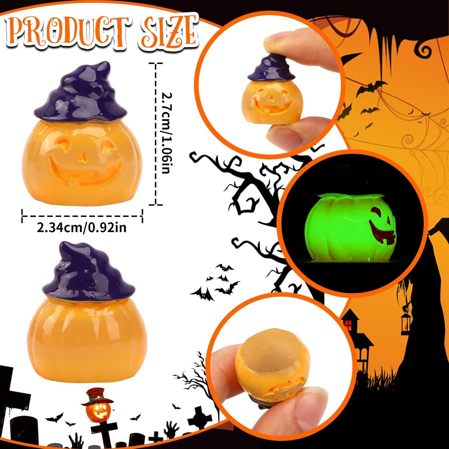 Jansun 45pcs Halloween Luminous Mini Resin Figurines, Glow in The Dark Pumpkin Ghosts Decorations for DIY Crafts Halloween Party Gifts Garden Dollhouse Decor Table Decoration(15 Style)