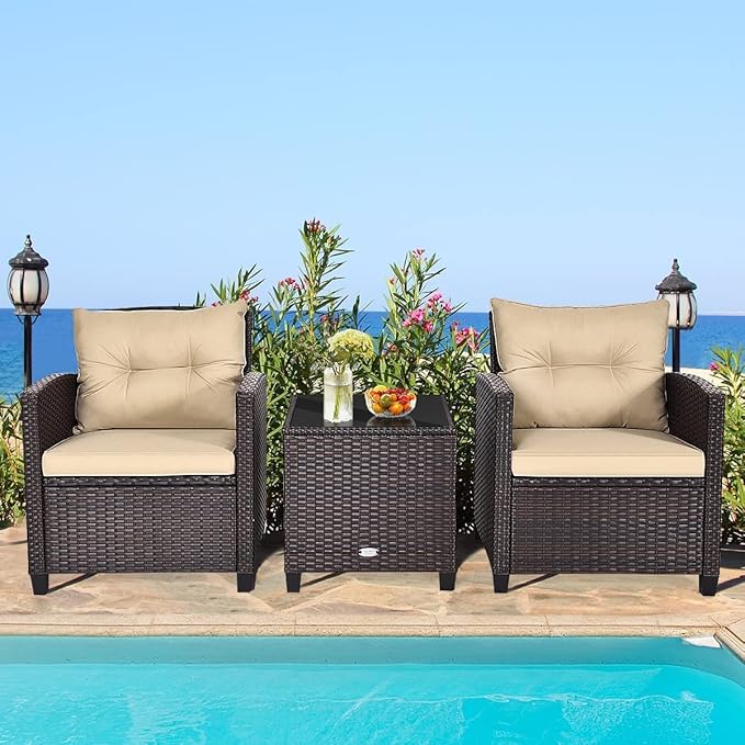 HAPPYGRILL 3 Pieces Patio Conversation Set, Outdoor Furniture Set PE Rattan