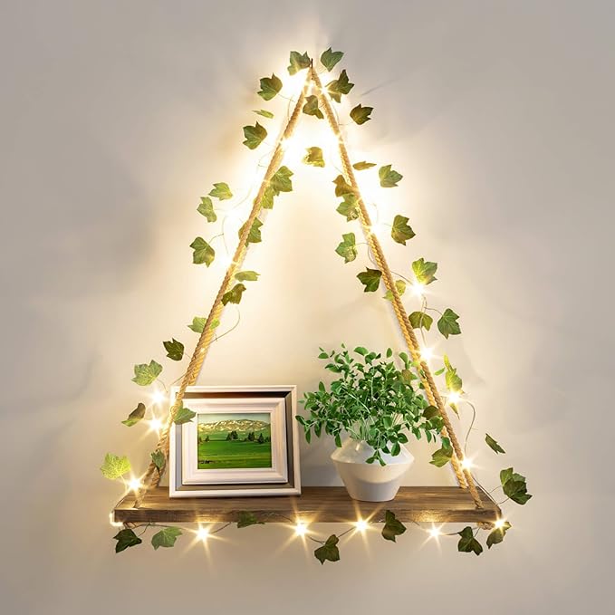 RICHER HOUSE Artificial Ivy LED-Strip Wall Hanging Shelves, Macrame Shelf