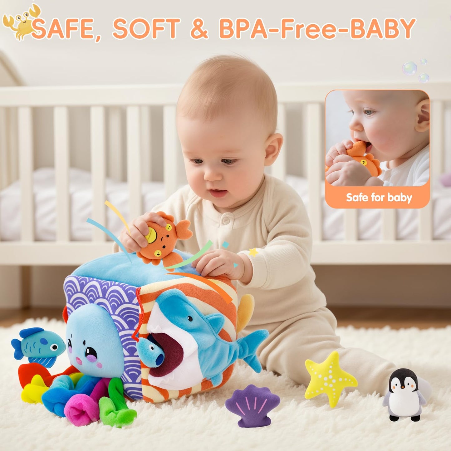 SAIMAND Baby Toys 6-12 Months–Mystery Soft Box with 5 Plush Marine Animals,Rattle,Crinkle Paper & Mirror–Montessori Sensory Toys for 6 Month Old Babies 1-3 Year Old Boy Girl Birthday