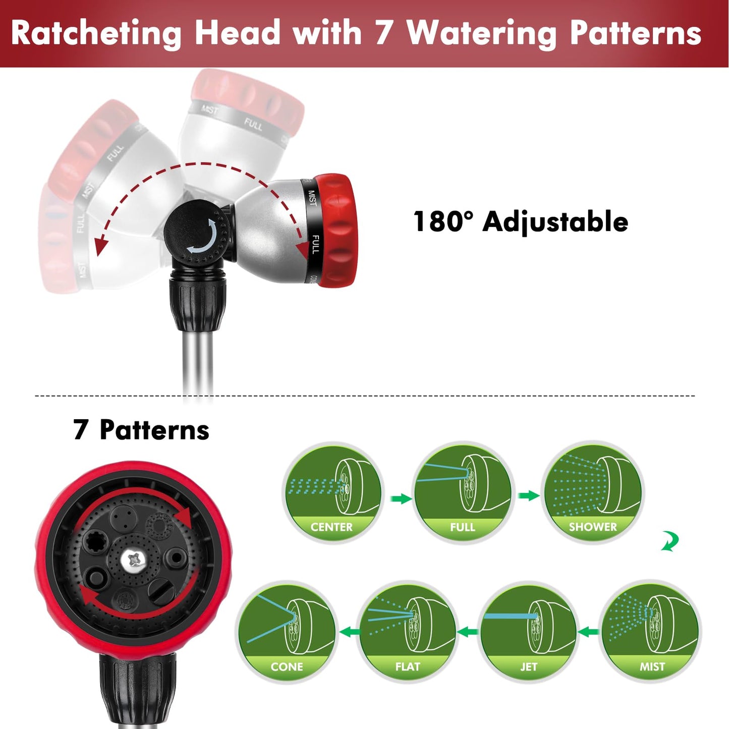RESTMO 36”-60” Metal Watering Wand, Long Telescopic Tube | 180° Adjustable Ratcheting Head | 7 Spray Patterns | Flow Control, Perfect Garden Hose Sprayer to Water Hanging Baskets, Shrubs, Red