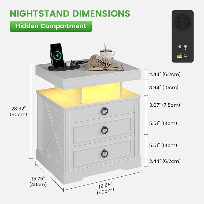 HNEBC Night Stand with Gun Drawers, Farmhouse Nightstand with Charging Station