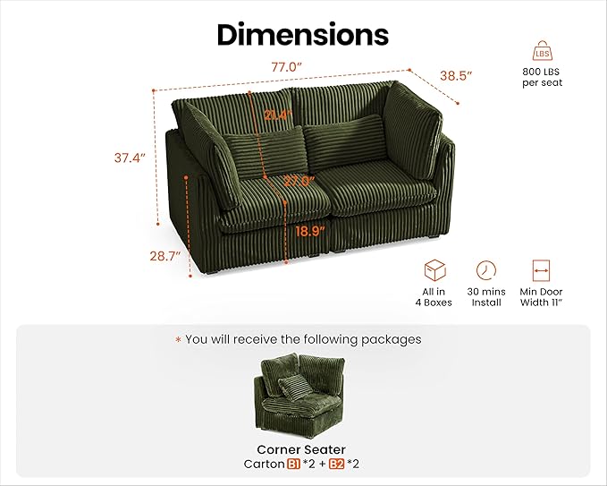 77" Oversized Corduroy Couch Modular Sectional Sofa, Washable Cloud Couch