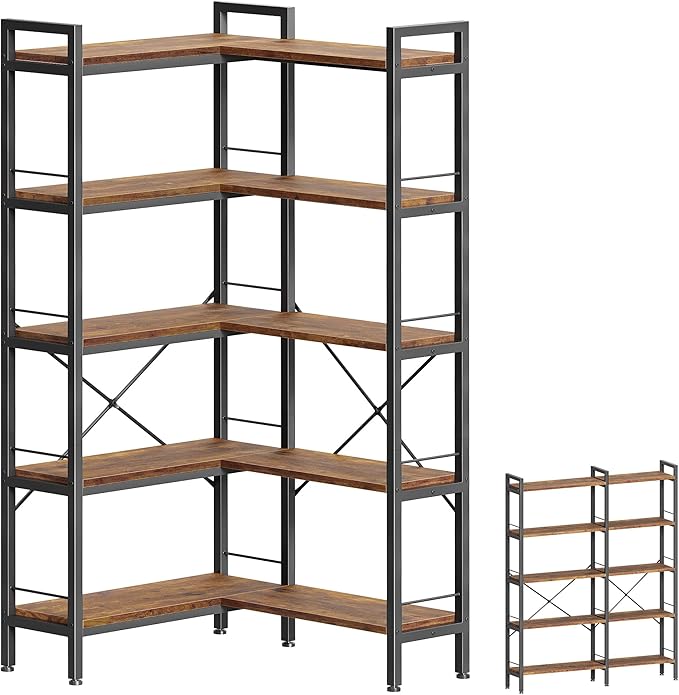 Huuger 5 Tier Bookshelf, L Shaped Corner Bookshelf