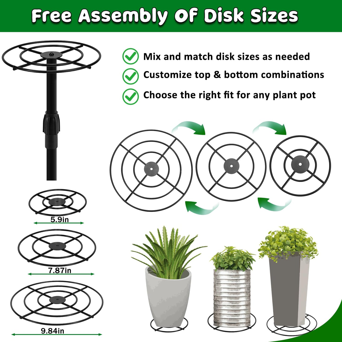 VICAMB 2 Pack Adjustable 6-10.5in Plant Risers for Inside Pots,Metal Planter Lift Inserts Fillers Risers for Tall Square Round Taper Large Pots(5.9" 7.87" 9.84" Base or Top)