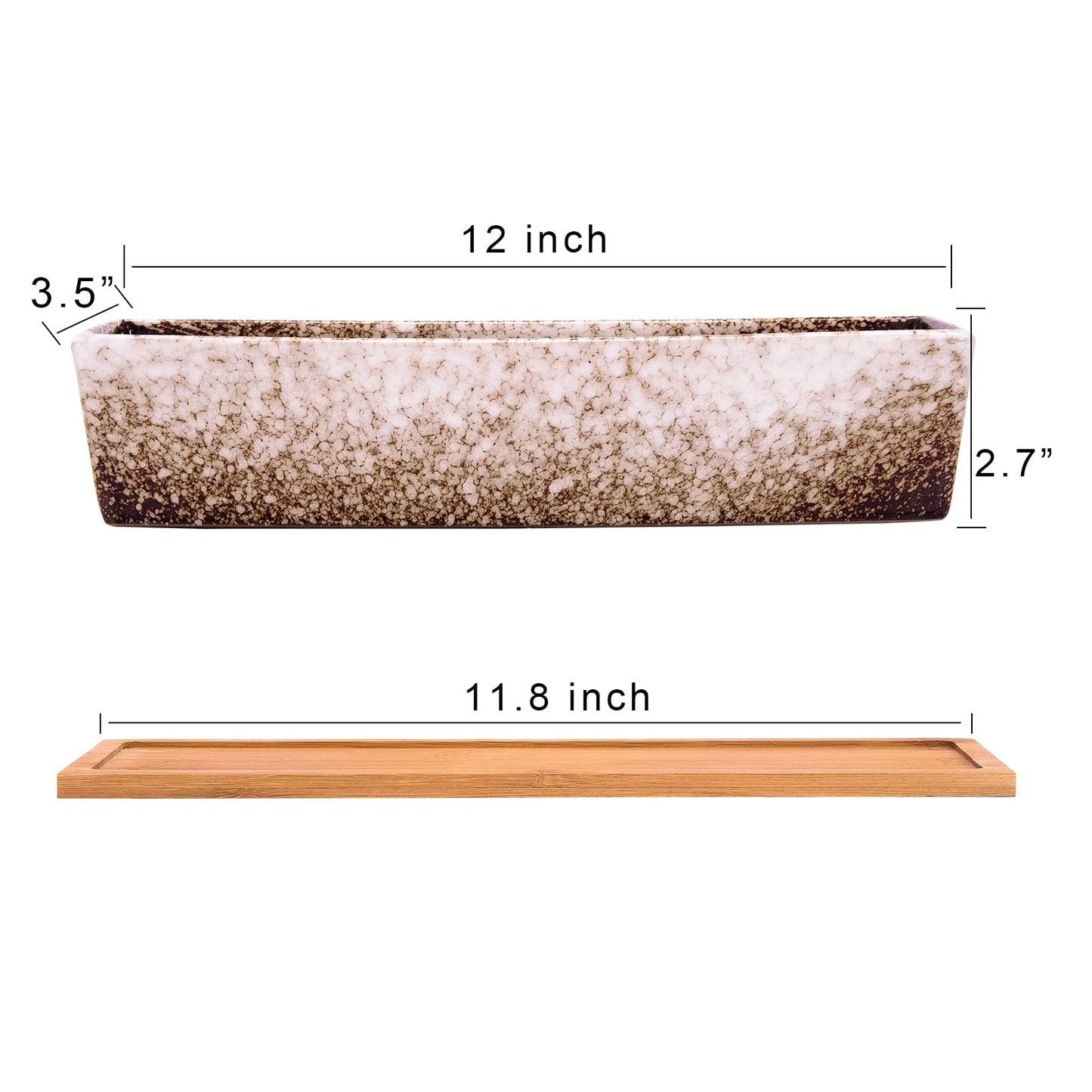 Succulent Pots - Large Succulent Planter Pots with Drainage, 12 Inch Long Rectangle Bonsai Pot with Bamboo Tray Shallow Ceramic Cactus Flower Planter Window Box for Home Garden Decor (White)