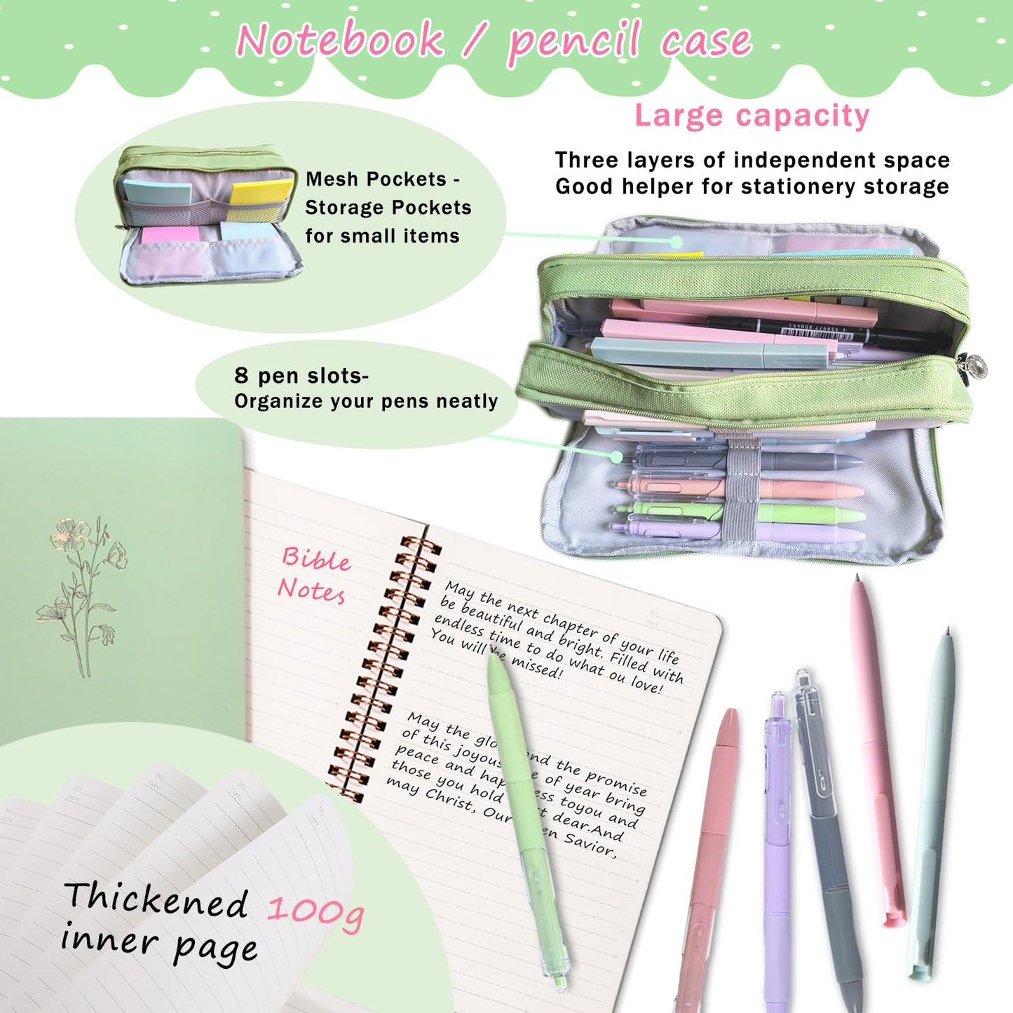 47Pcs Bible Study Supplies Journaling Kit with Large Pencil Case, Notebook, No-bleed Highlighters and Pens,Bible Bookmark Tabs Stickers, Book Study Annotation Kit for Women and Students,Green