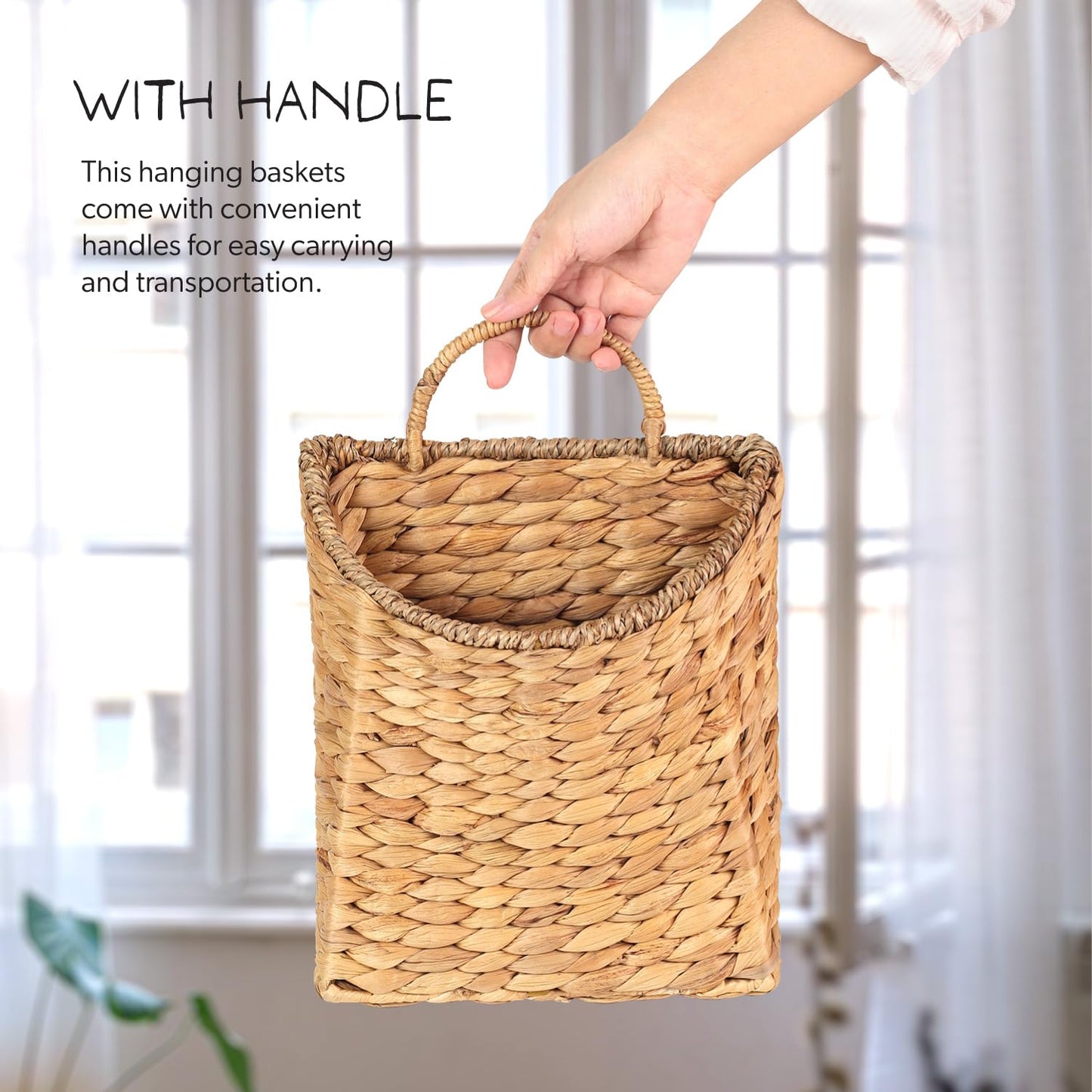 Woven Hanging Water Hyacinth Baskets, Hanging Wall Wicker Basket, Handmade Organizer Baskets, Hanging Flower Basket for Shelves, Walls, Doors, Balconies, Front of House, Garden, Farmhouse, Home.