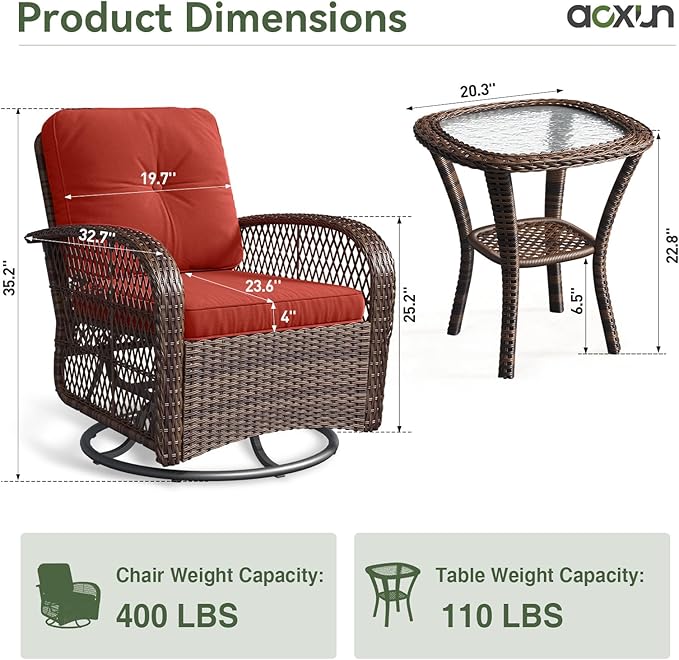 Aoxun 3 Pieces Patio Furniture Set, Patio Swivel Rocker Chairs Set of 2