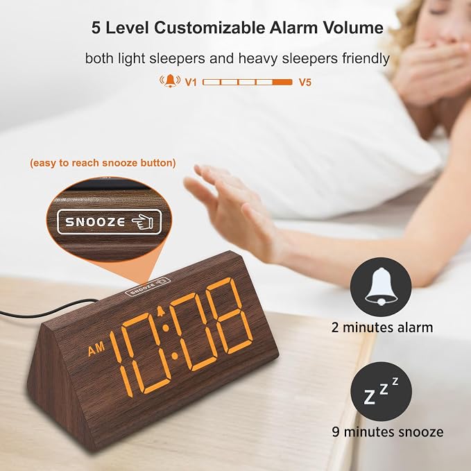 DreamSky Wooden Digital Alarm Clock for Bedrooms with Large Numbers | Electric Desk Clock, USB Port, Loud Alarm for Heavy Sleepers, Adjustable Volume, Dimmer, DST, Wood Décor Gifts, Plug in Clock