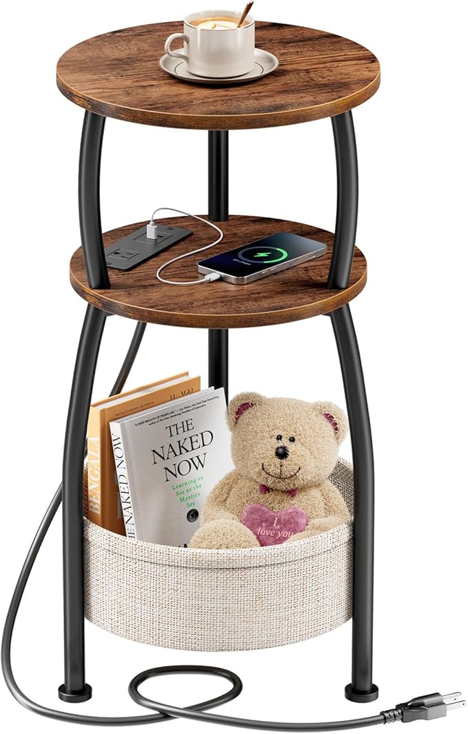 Side Table with Charging Station, Small Round End Table with Basket, USB Port