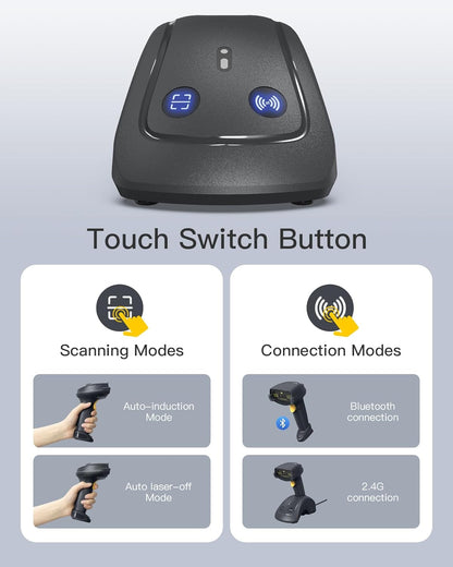 Inateck Wireless Barcode Scanner, 1D/2D QR Code Scanner with Smart Base, Bluetooth/2.4G/USB 3-in-1 Connectivity, Compatible with Windows/iOS/Android/Mac/Linux for Retail/Warehouse/Logistics