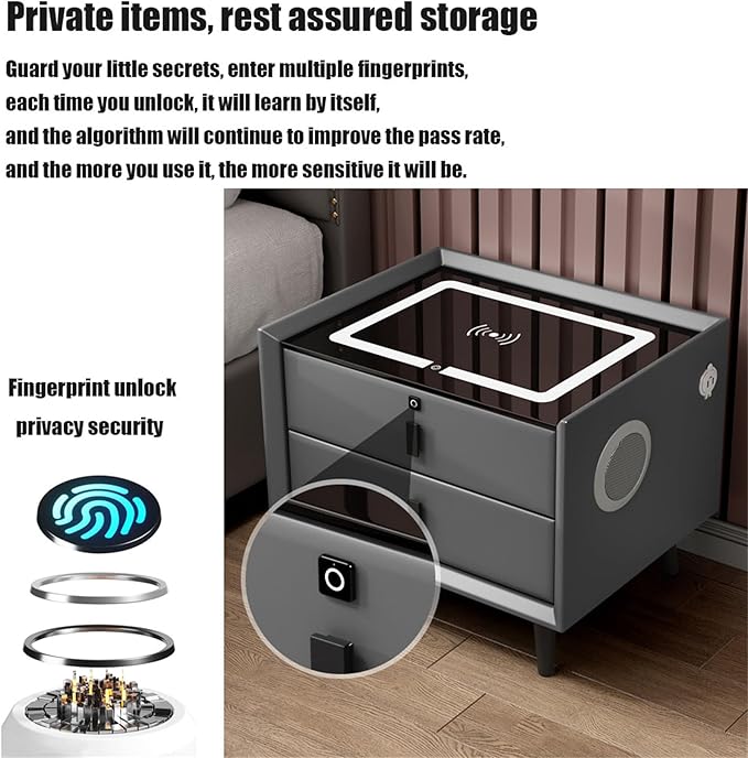 Smart Bedroom Nightstand with Fingerprint Lock and Adjustable LED Lights
