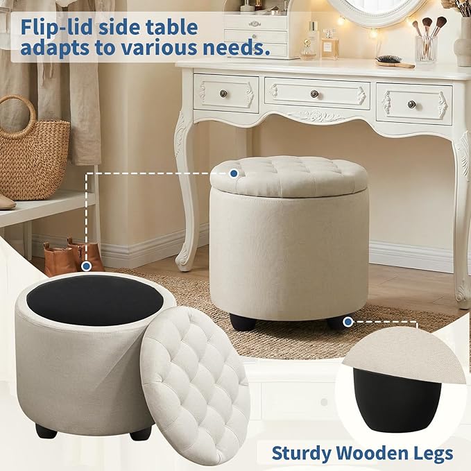 Furniliving Modern Round Storage Ottoman, Button Tufted Ottoman Foot Stools