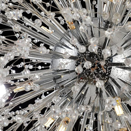 Large Fireworks Crystal Chandeliers, 24-Light Chrome Dandelion Pendant Chandelier, 120W Modern Sputnik Crystal Chandelier Lighting for Living Room Entryway