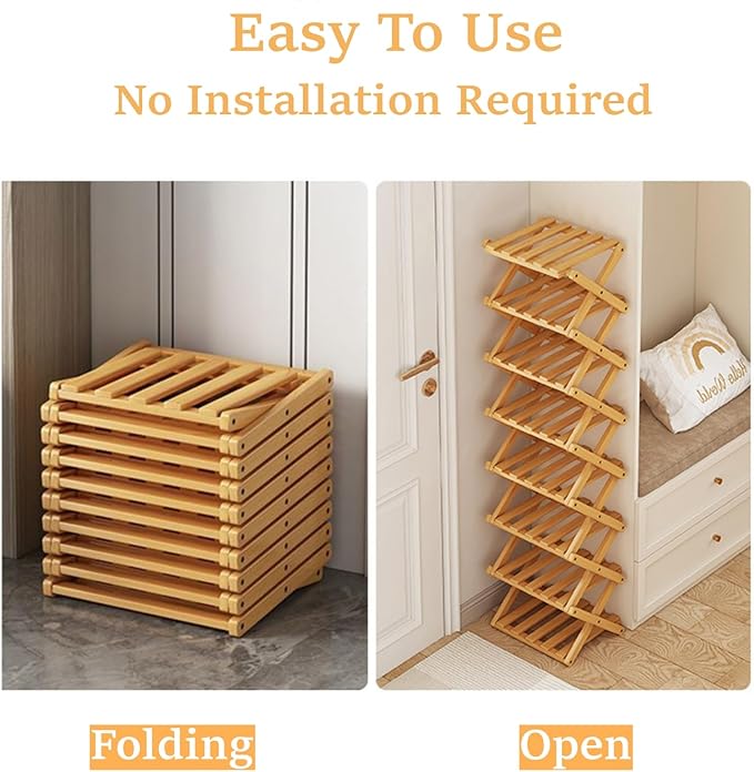 Foldable Shoe Rack, Bamboo Vertical Shoe Organizer Tall