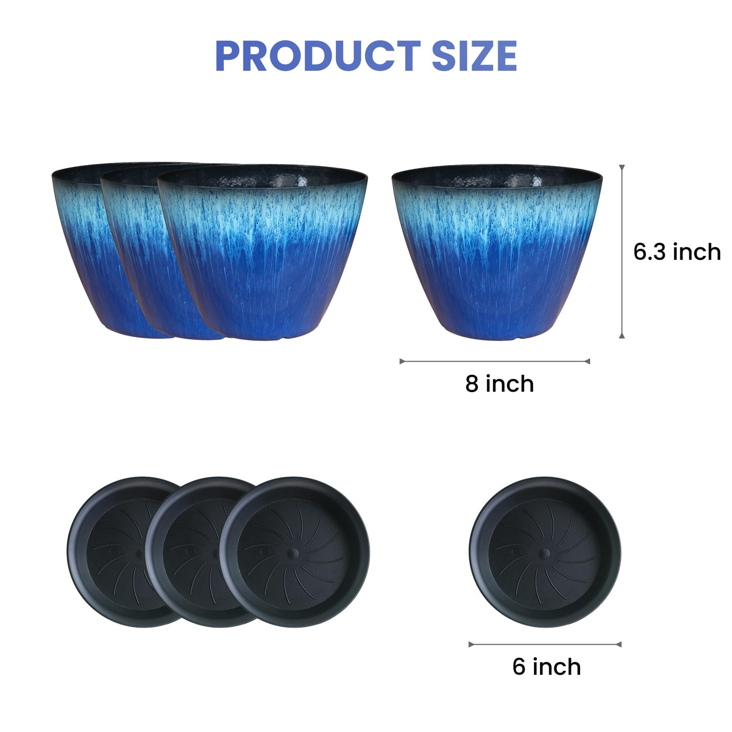 LESOASIS 8 inch Plant Pots with Drainage Holes, Pack of 4 Plastic Flower Pots Indoor, Modern Glossy Finishing Planter for Indoor Outdoor Plants (Blue Glaze, 4 Pack)