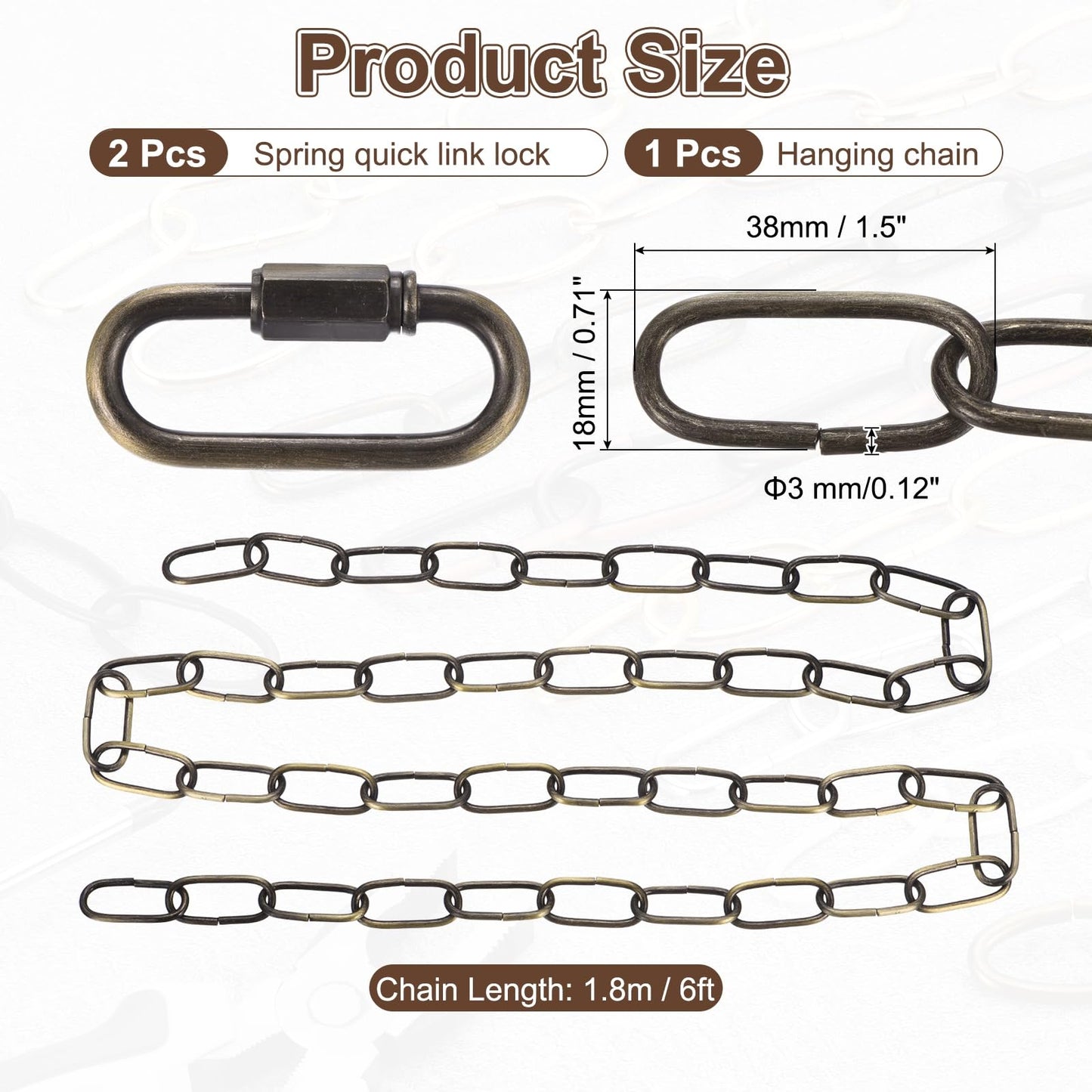uxcell 6ft Lighting Hanging Chain, 3mm/0.12" Looping Metal Pendant Chandelier Chain Extension with 2 Quick Link Lock for Hanging Plant Pendant Chandelier Light Fixture, Bronze