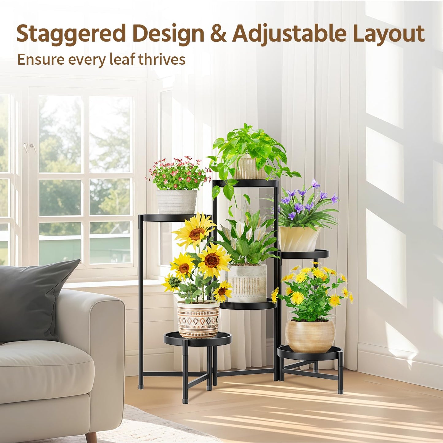 LASZOLA 6 Tier Large Plant Stand Indoor Tall with 10 Inch Metal Tray, Corner Folding Flower Display Rack, Modern Plant Holder Shelf for Outdoor Patio Porch Garden Office Living Room, Black