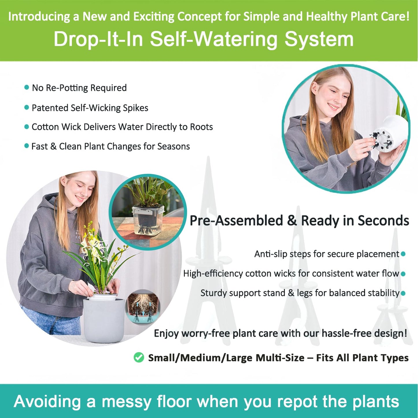 GreenShip 4 Pack Self Watering Planter Insert Watering Spikes, Watering Stakes with Wicking Rope, Plant Spikes for Indoor Outdoor Plants, Vacation Plant Watering Device for Large Planter (Height 17"+)