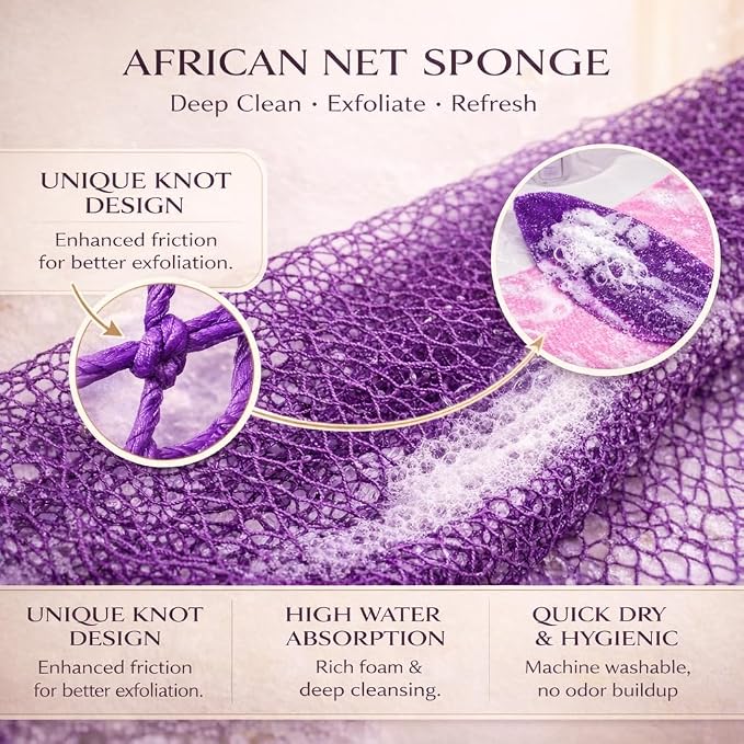 African Net Sponge Authentic, 3 Pieces African Exfoliating Net Sponge Body Back Scrubber Exfoliating Washcloth for Shower Bath for All Types (Olive Green+Champagne Gold+Pink, 3 Pcs)